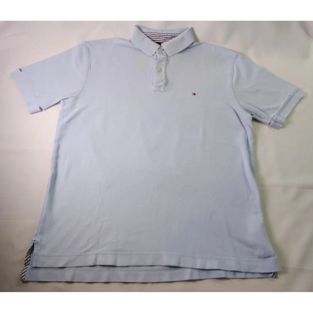 Tommy Hilfiger Polo Shirt Mens Large L Blue Pique Short Sleeve Casual Prep